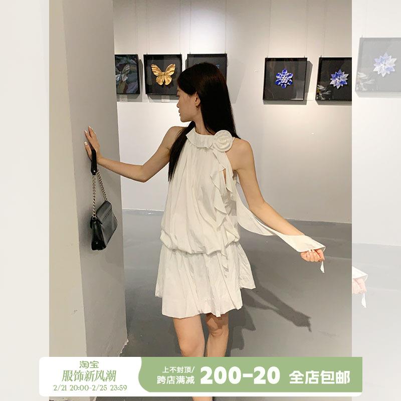 宋正恩白色挂脖连衣裙女夏季辣妹设计感高级感法式无袖收腰短裙子