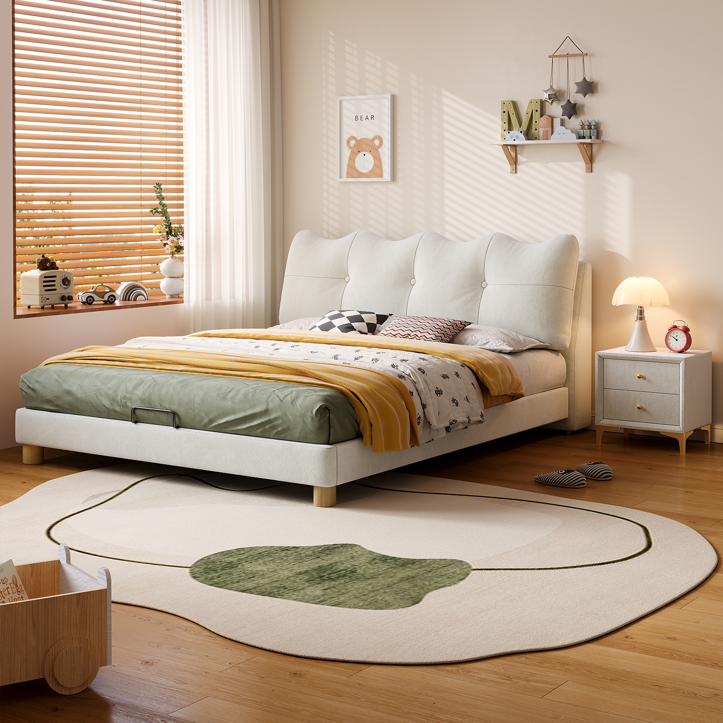 奶油风软包儿童床女孩男孩1米2单人床轻奢小户型主卧室猫猫公主床