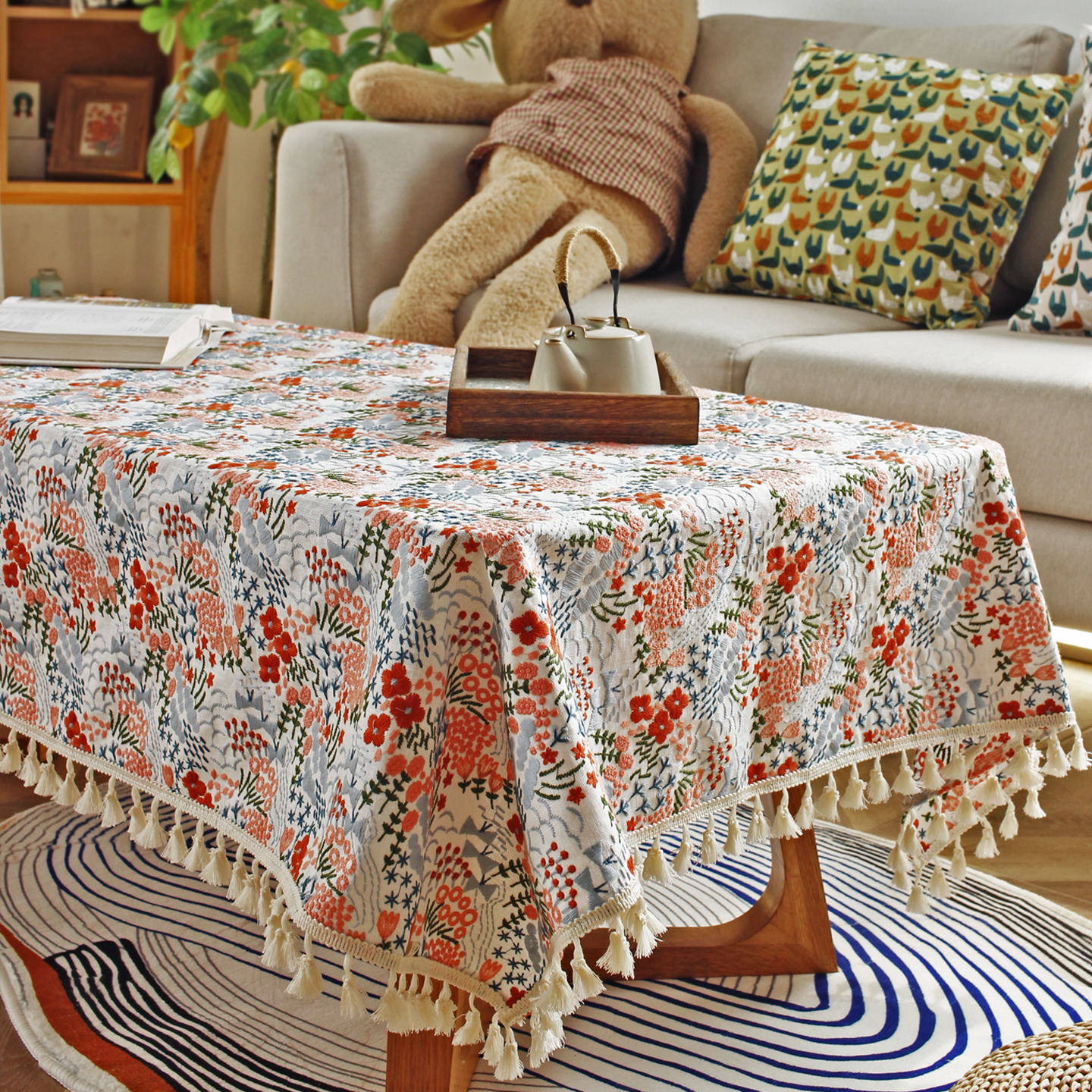 栗茧刺绣新年红桌布轻奢田园盖布