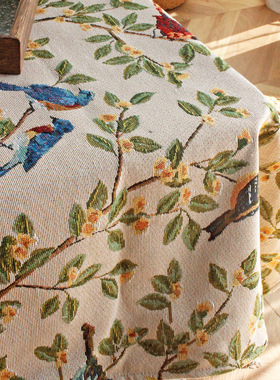 田园餐桌布艺复古提花长方形茶几布小鸟绿色书桌圆桌台布美式盖布