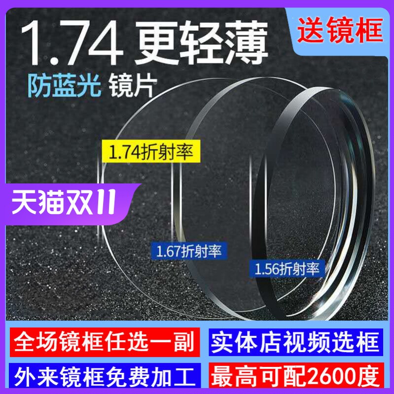 1.74超薄眼镜片防蓝光非球面可配0-1500高度近视散光眼镜变色防雾