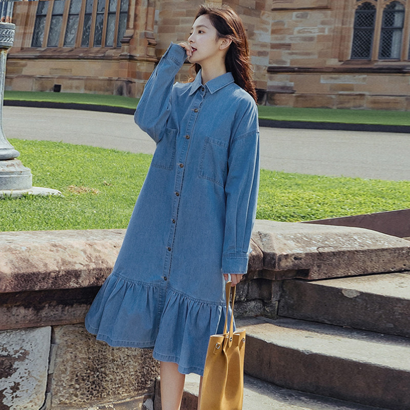 春秋女裝2018新款韓版排扣牛仔寬松學生百搭長袖魚尾襯衫連衣裙潮在類目 女裝/女士精品, 連衣裙中 - 來自Buy2taobao.com提供專業的淘寶代購服務