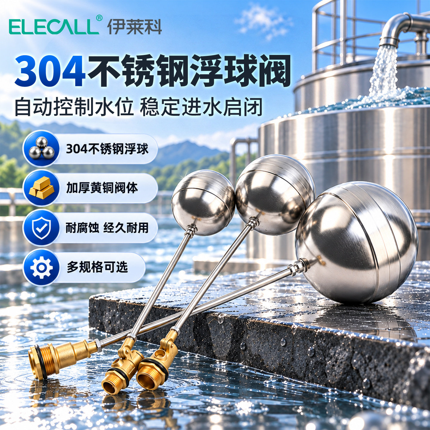 伊莱科直塞式不锈钢浮球阀水箱水位液位控制器全自动螺纹浮球开关