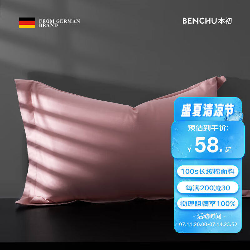 本初（BenChu）德国防螨虫枕套单个长绒棉酒店枕头芯套全棉白色除