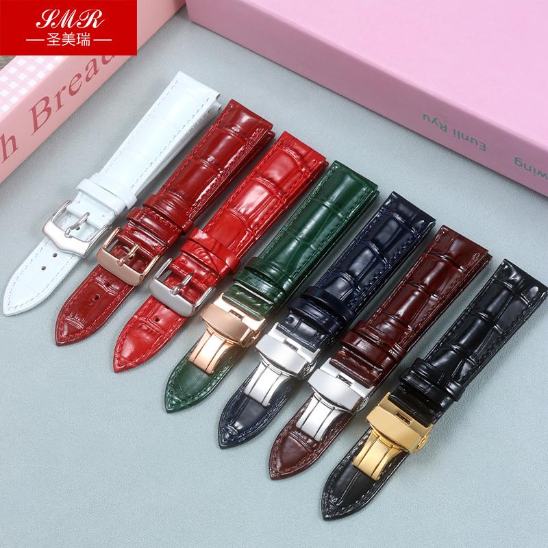 原装适用亮面真皮手表带女士卡罗莱格雅铁达时欧利时依波黑白红色