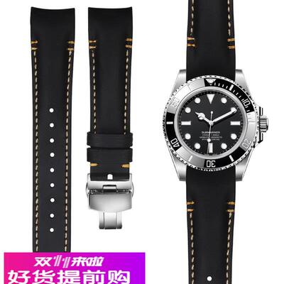 适用原厂劳力士手表带迪通拿黑绿水鬼男游艇蝴蝶扣疯马皮弧形表带