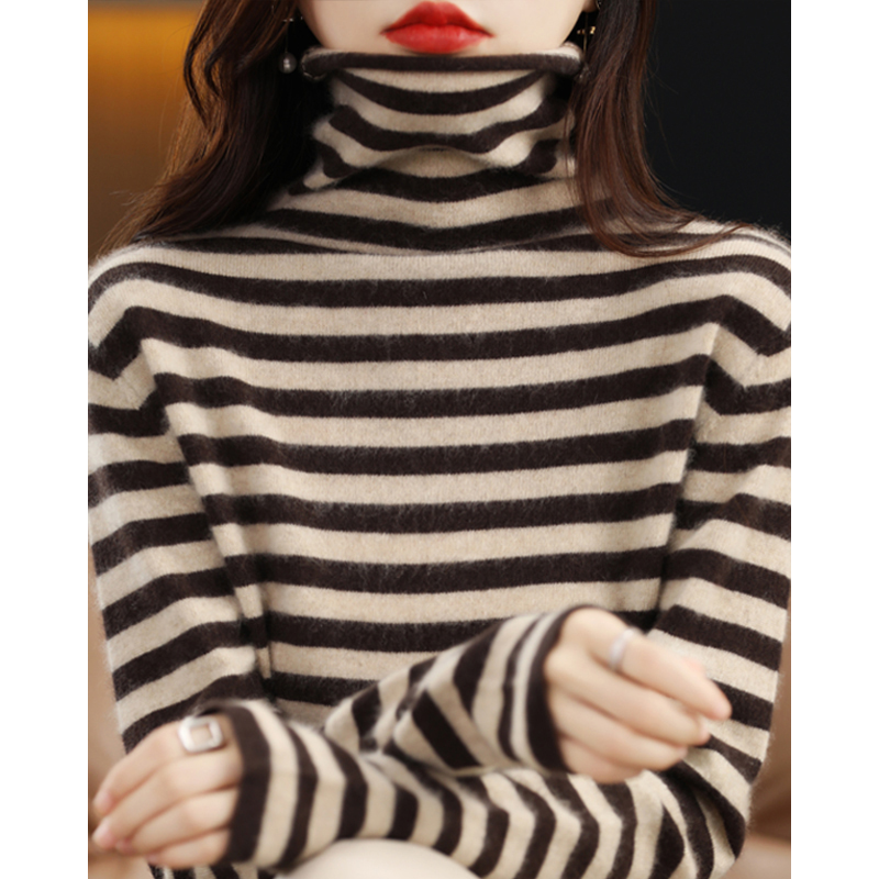 秋冬堆堆领条纹毛衣针织衫女高级