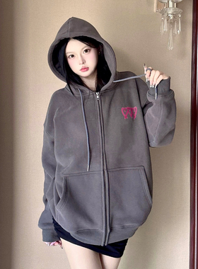 KTDA新品手绘爱心喷印拉链卫衣加绒连帽衫国潮牌男女情侣外套美式