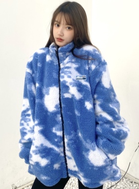 KTDA 20FW蓝天白云渲染撞色抽绳羊羔绒卫衣外套情侣国潮宽松夹克