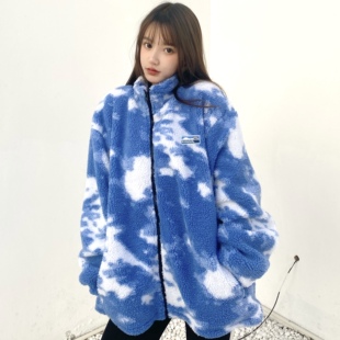 KTDA 20FW蓝天白云渲染撞色抽绳羊羔绒卫衣外套情侣国潮宽松夹克