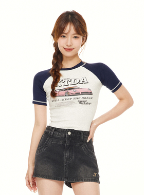 KTDA美式复古辣妹粉色赛车短款上衣2024夏季新款黑色短袖t恤女