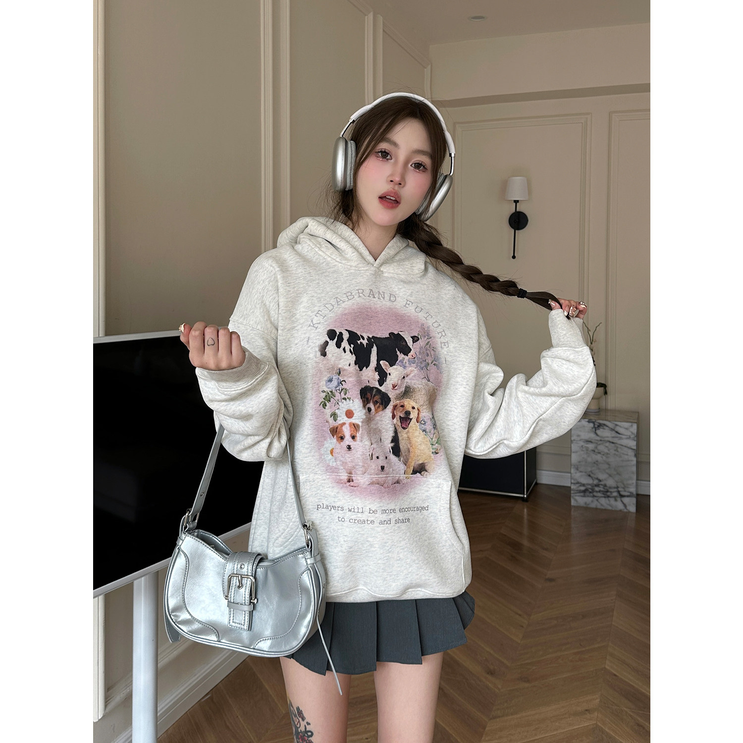 KTDA趣味动物印花卫衣情侣连帽