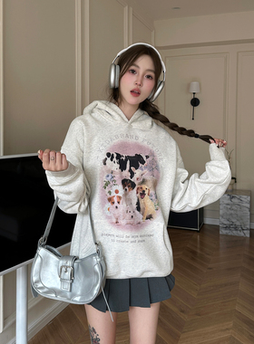 KTDA趣味动物汇复古印花卫衣春秋国潮牌宽松男冬加绒情侣款连帽衫
