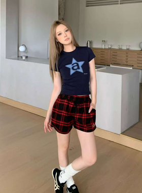 KTDA新品红色格纹松弛感棉休闲短裤宽松直筒居家度假辣妹裤夏季女