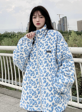 KTDA 20FW国潮嘻哈奶牛蓝色雪豹纹宽松夹克棉衣男女加厚棉服外套