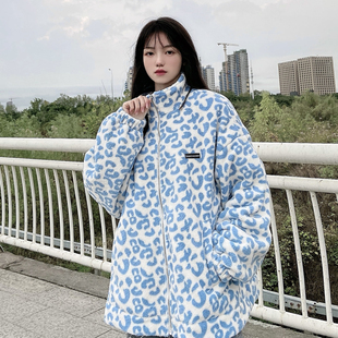 KTDA 20FW国潮嘻哈奶牛蓝色雪豹纹宽松夹克棉衣男女加厚棉服外套