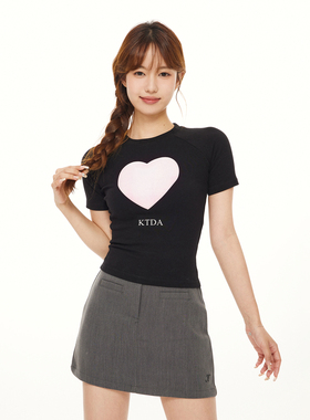 KTDA爱心字母印花圆领修身露脐上衣短款基础内搭辣妹短袖t恤女