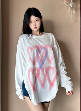 KTDA新品爱心涂鸦喷印长袖t恤2024春季新款女装宽松圆领上衣体恤