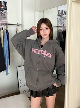 KTDA基础幻影logo印花拉链卫衣加绒连帽衫国潮牌男女情侣外套美式
