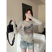 新款 t恤女2024秋季 打底上衣女 复古辣妹牧场印花百搭长袖 KTDA美式