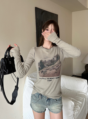KTDA美式复古辣妹牧场印花百搭长袖t恤女2024秋季新款打底上衣女