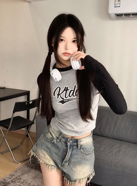KTDA美式复古辣妹字母印花插肩袖修身女打底长袖显瘦T恤小上衣潮