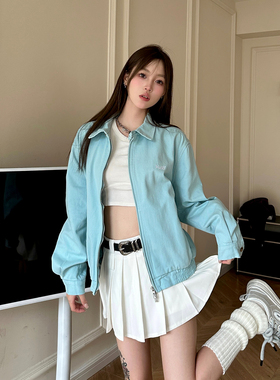 KTDA新品美式复古百搭夹克外套女春秋2024早秋季休闲宽松蓝色上衣