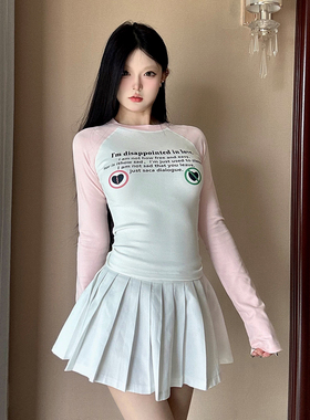 KTDA拼色插肩袖字母标语长袖百搭美式紧身弹力女款T恤辣妹打底衫