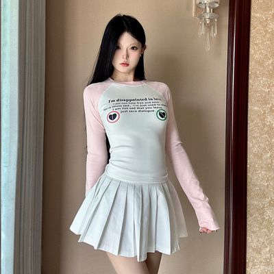 KTDA拼色插肩袖长袖百搭紧身辣妹