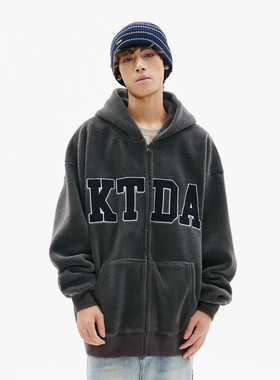 KTDA基础刺绣字母羊羔绒加厚保暖国潮牌刺绣卫衣拉链情侣连帽外套