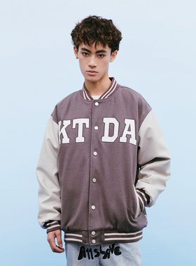 KTDA美式字母logo贴布刺绣撞色拼皮外套男女夹棉加厚夹克棒球服潮