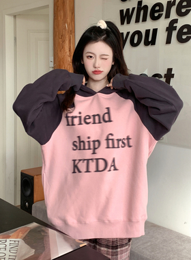 KTDA拼色幻影标语情侣加绒卫衣男冬款衣服潮牌冬季上衣美式连帽衫