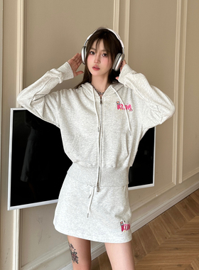 KTDA辣妹短款卫衣套装包臀裙双拉链秋冬连帽开衫外套系带上衣女