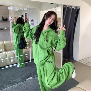 KTDA秋冬新款 女草绿休闲运动上衣 oversize宽松慵懒连帽卫衣裤 套装