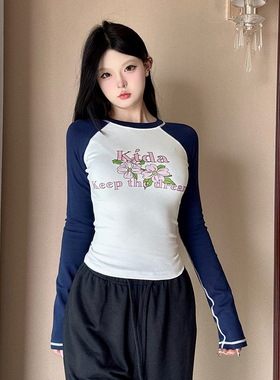 KTDA拼色插肩袖花朵字母logo长袖百搭美式紧身女款T恤辣妹打底衫