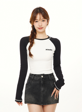 KTDA插肩长袖T恤春夏内搭辣妹修身百搭打底衫美式复古潮短款上衣