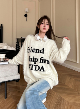 KTDA字母logo提花针织衫圆领马海毛套头毛衣情侣长袖基础休闲国潮