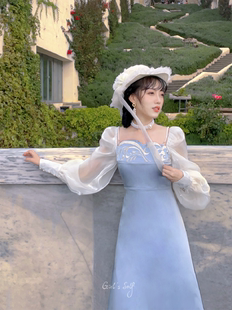 已绝版 听月小筑 蓝白泡泡袖