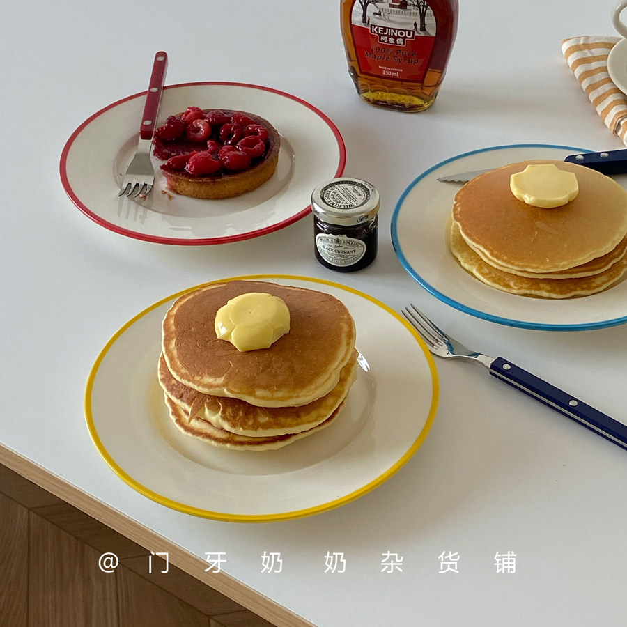 ins风彩色线条陶瓷盘早餐盘甜品蛋糕盘餐厅家用陶瓷盘釉下彩