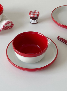 出口釉下彩红色陶瓷餐具米饭碗酸奶麦片碗餐盘早餐盘甜品面包盘