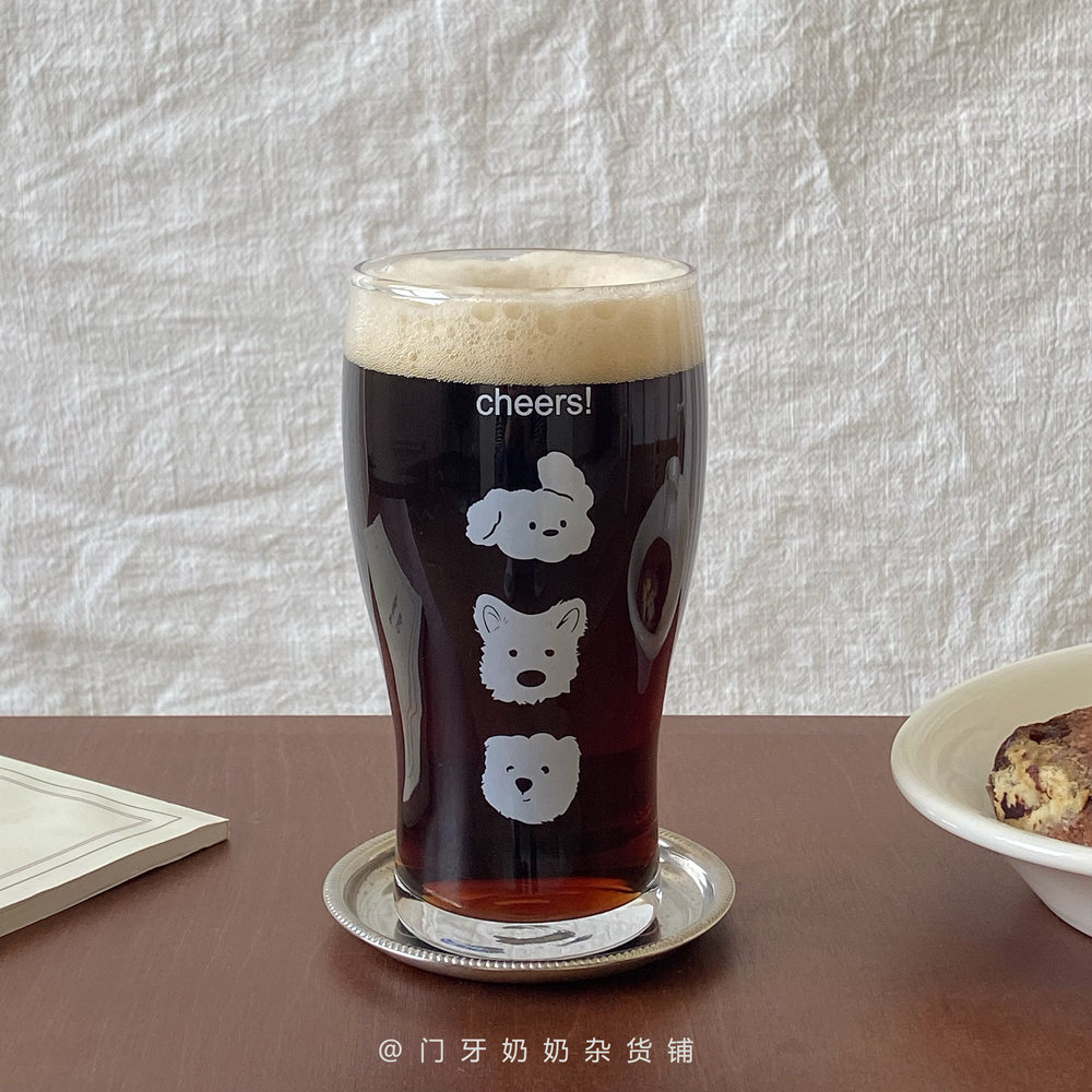 原创快乐小狗ins大容量玻璃啤酒杯果汁杯饮料杯高颜值570ml