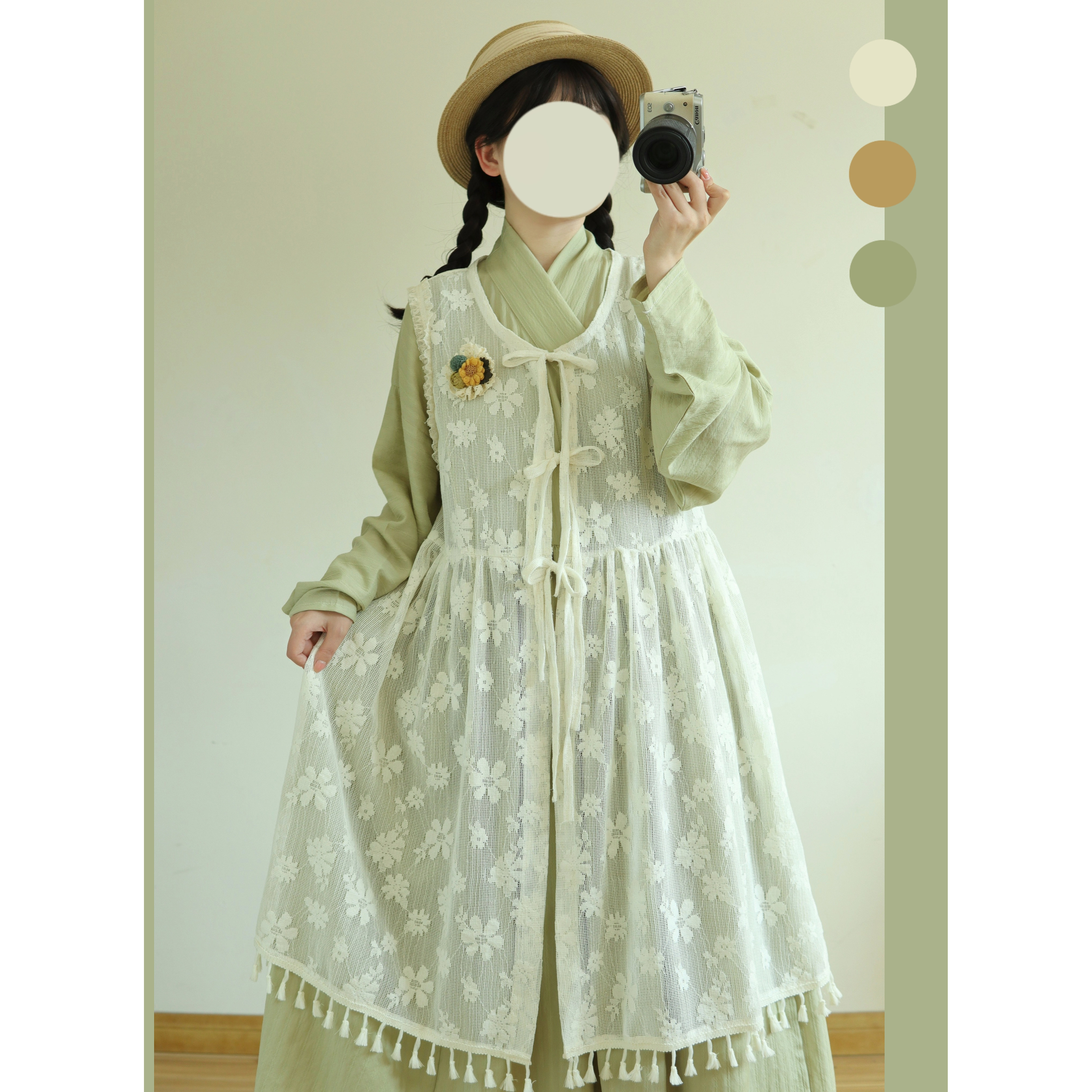 茗月萱朝朝明制弓袋袖贴里连衣裙改良蓬蓬裙圆领蕾丝比甲夏季汉服