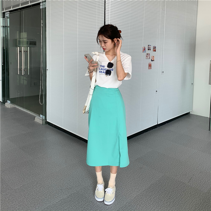 Real price loose shoulder letter T + two piece high waist slim split skirt