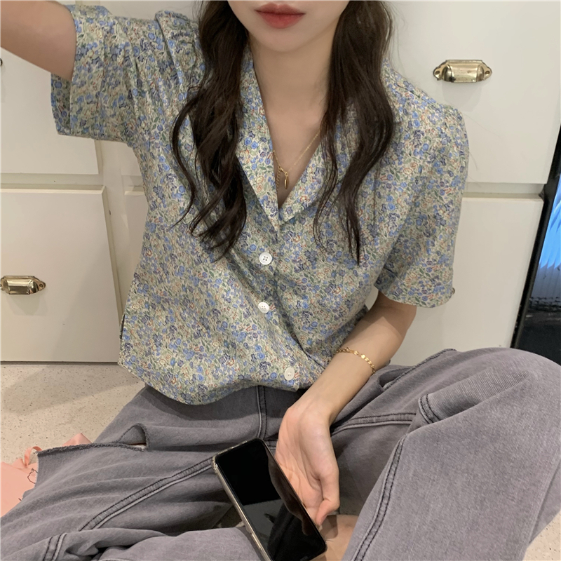 Real price summer Vintage Hong Kong style shirt women's suit collar versatile floral cardigan top