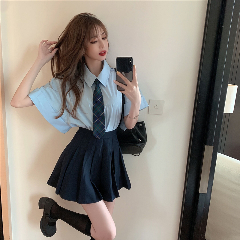 Real price new fashion two piece loose shirt with tie + high waist age reducing JK pleated skirt