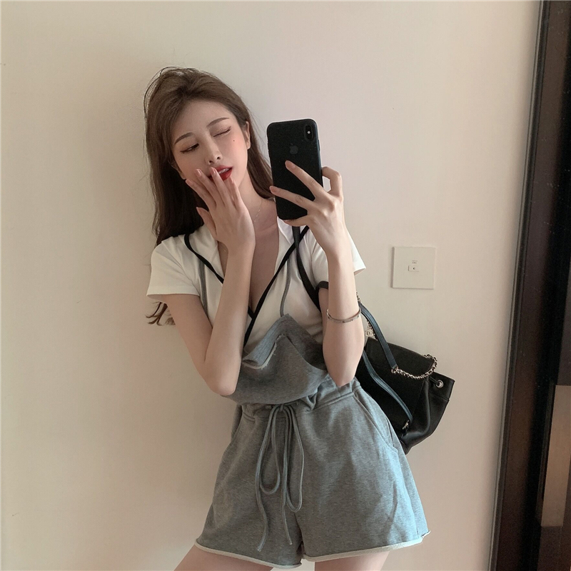 Real price sexy slim edge hooded Short Sleeve Top + age reducing waist and leg length lace up Suspenders