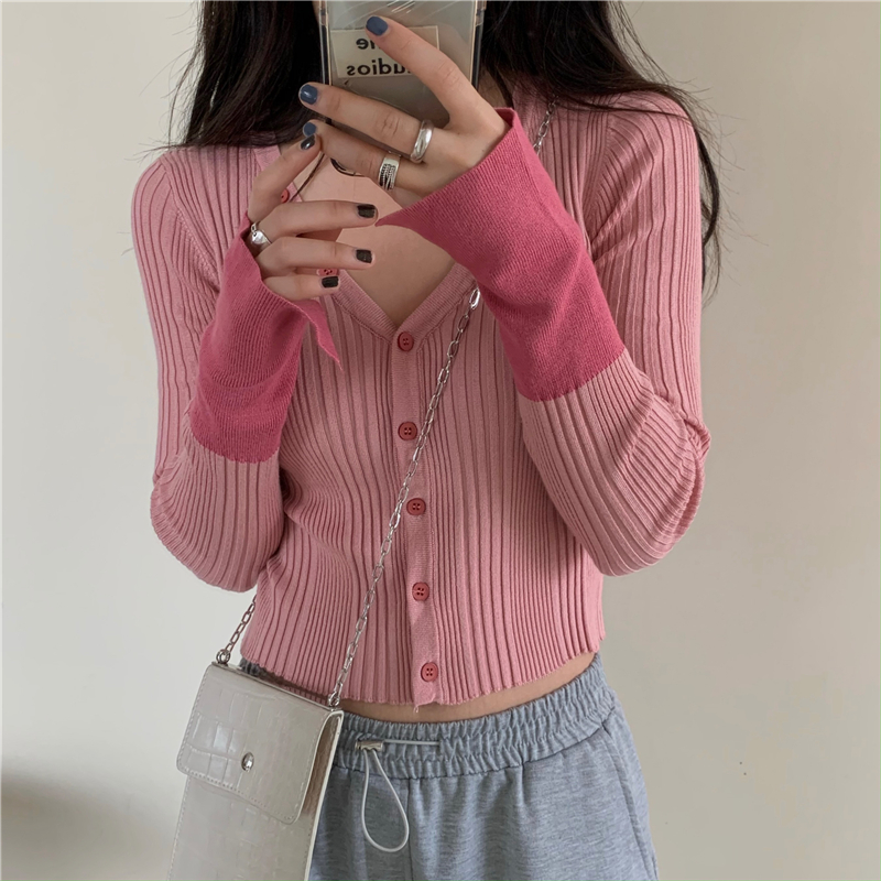 Real price color contrast stitching long sleeve cardigan women's slim collar heart machine versatile T-shirt