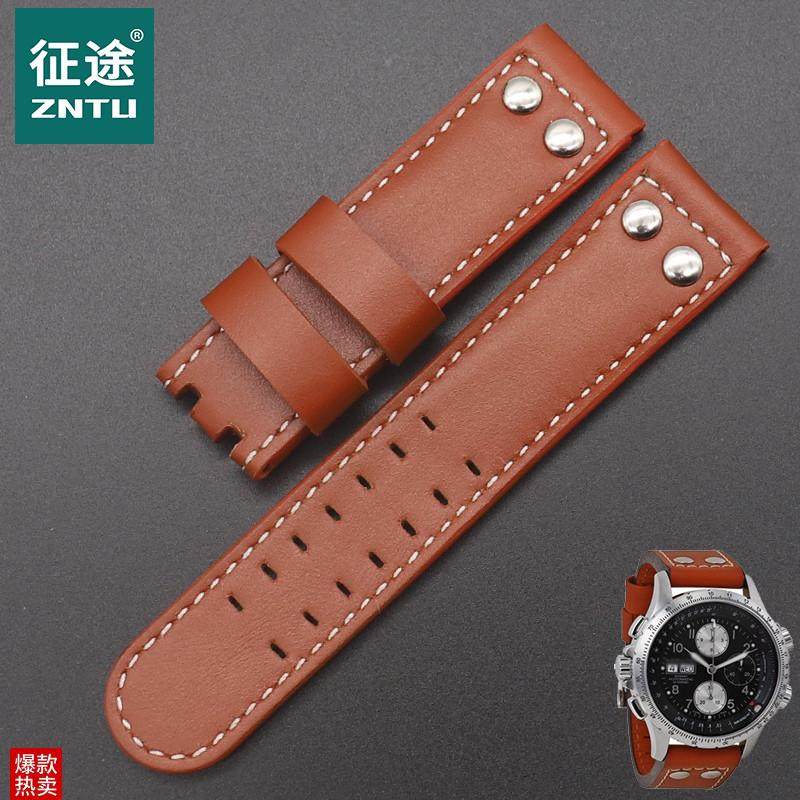 手工汉密尔顿牛皮表带汉米尔顿卡其野战G手表带男表链棕红色22mm