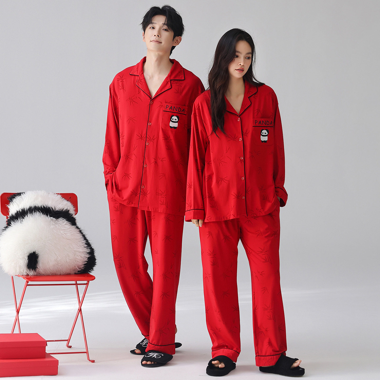 2026春夏季莫代尔亲肤情侣睡衣卡通熊猫红色男女开衫家居服套装,女士内衣/男士内衣/家居服,睡衣/家居服套装,淘宝优惠券,粉丝福利购,淘宝优惠卷