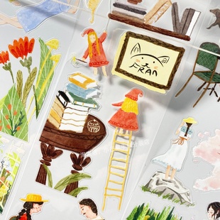 手帐分装胶带慢调WT油画聚餐野外房屋草地鸟PET素材账手机壳贴纸